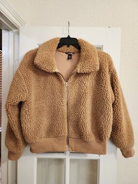 Victoria's Secret Teddy Sherpa Bomber Jacket Camel Large VS Logo Full Zip